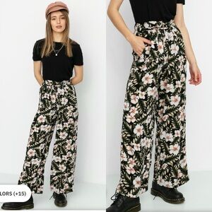 VOLCOM Womens Coco Beach Black Floral Wide Leg Pants Pull On High Waisted 0/2